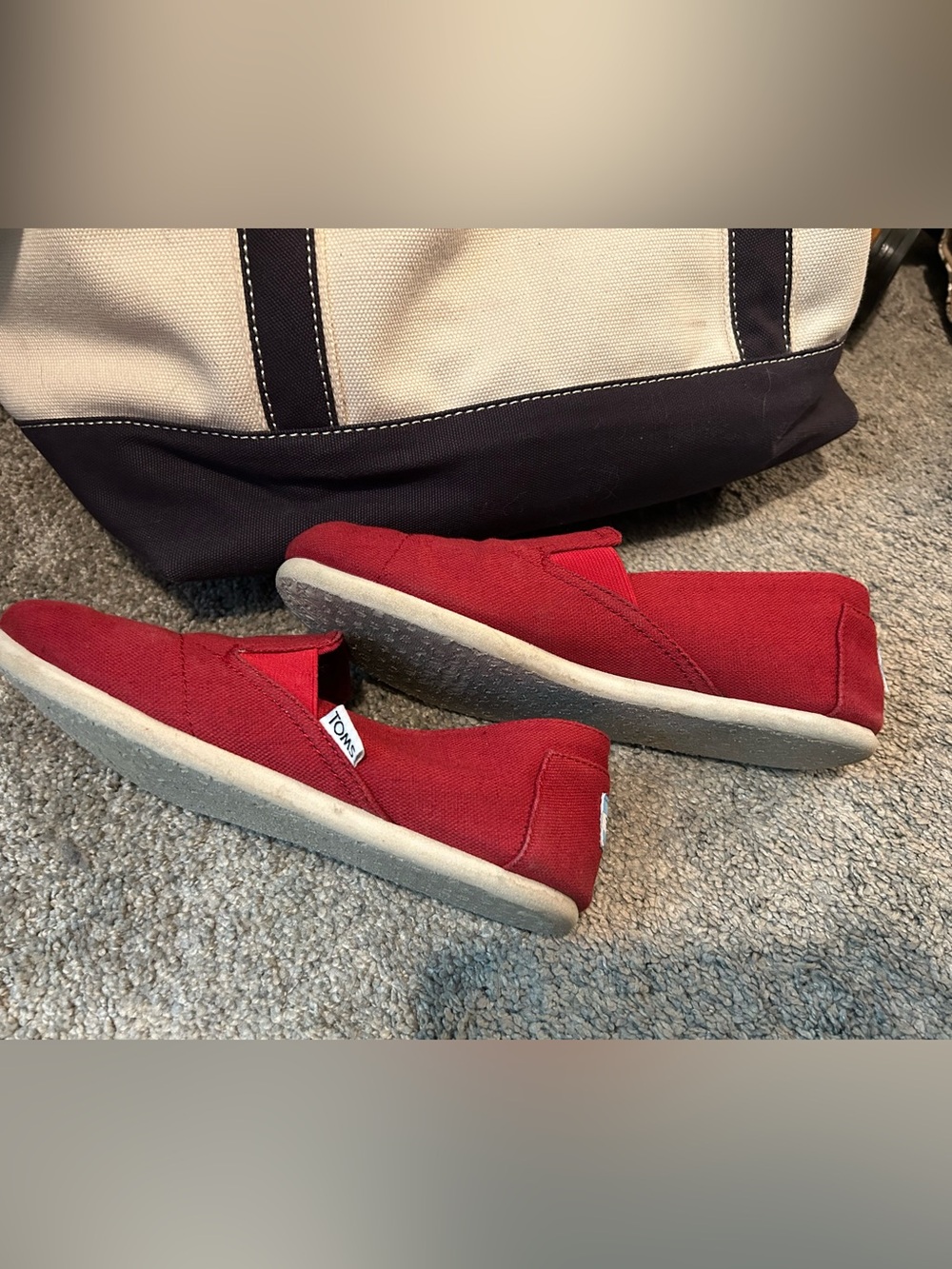 Toms Red Canvas Slip-On Shoes with Blue Logo Tab